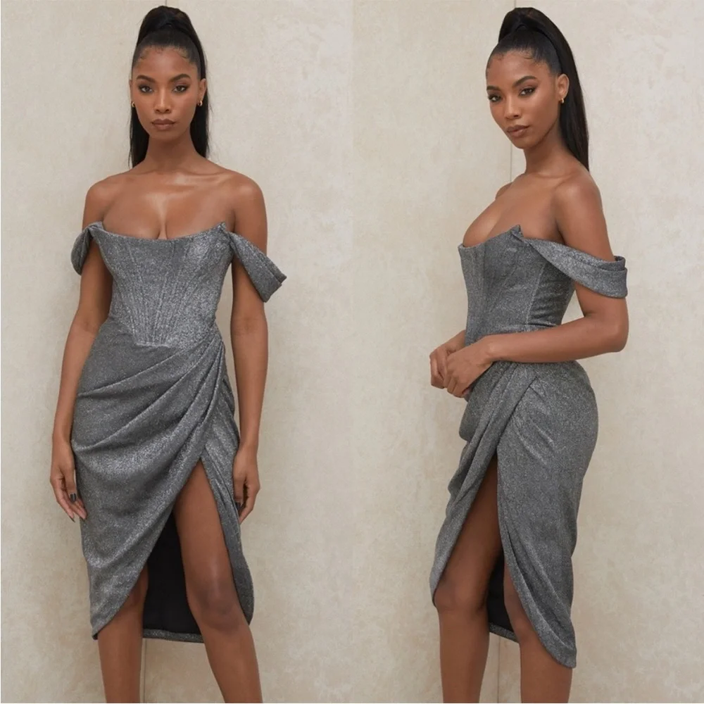 RARE House of CB 'Loretta' Silver Sparkle Off Shoulder Dress NWOT - Picture 2 of 5